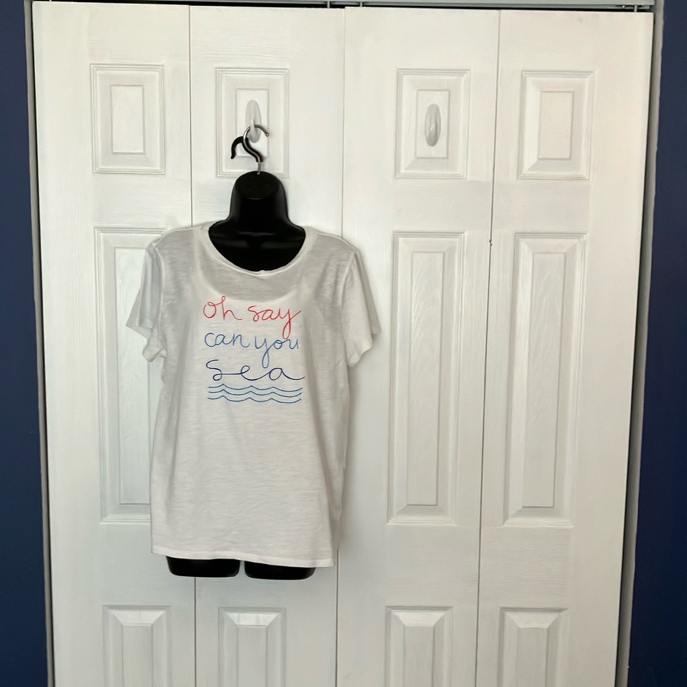 White Graphic T-Shirt with Red and Blue Print